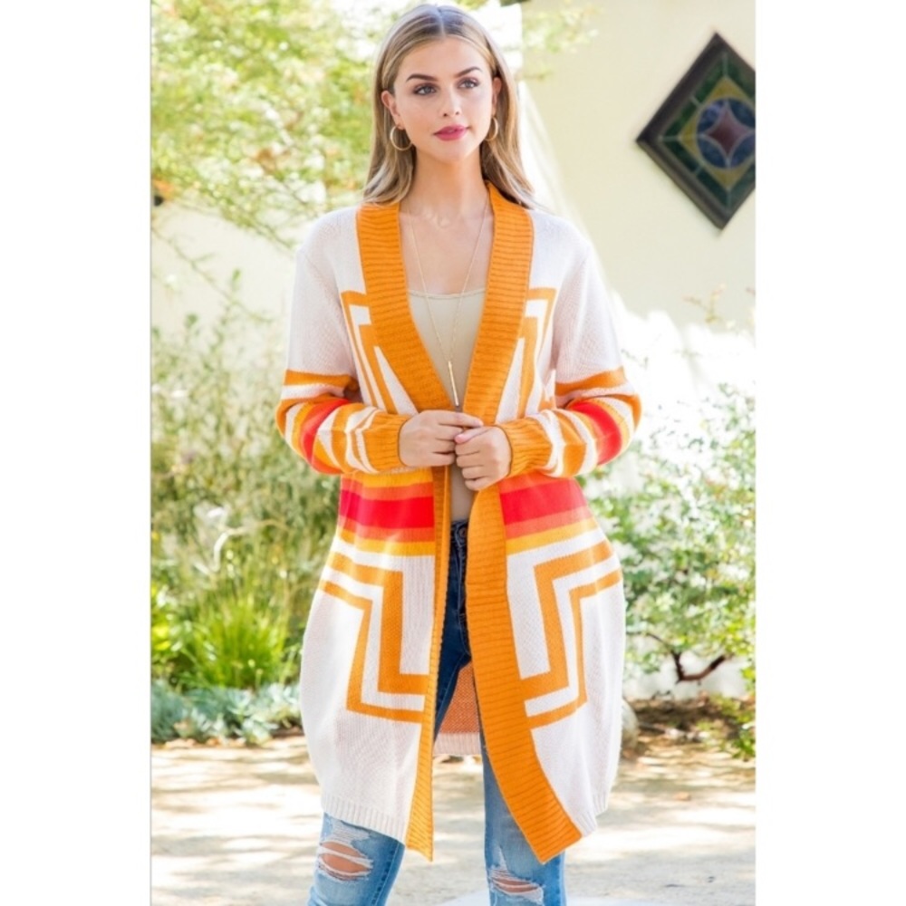 Cardigan open tribal pattern in cream, orange, gold | Size S —#040 - Picture 8 of 12